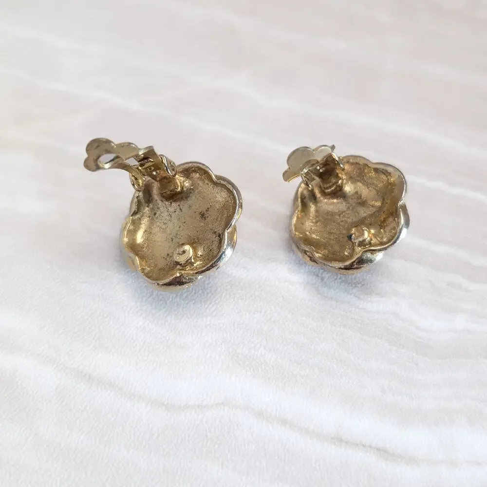 Vintage Clip On Earrings Gold Tone Flower Halo with Pink Cabochon Center